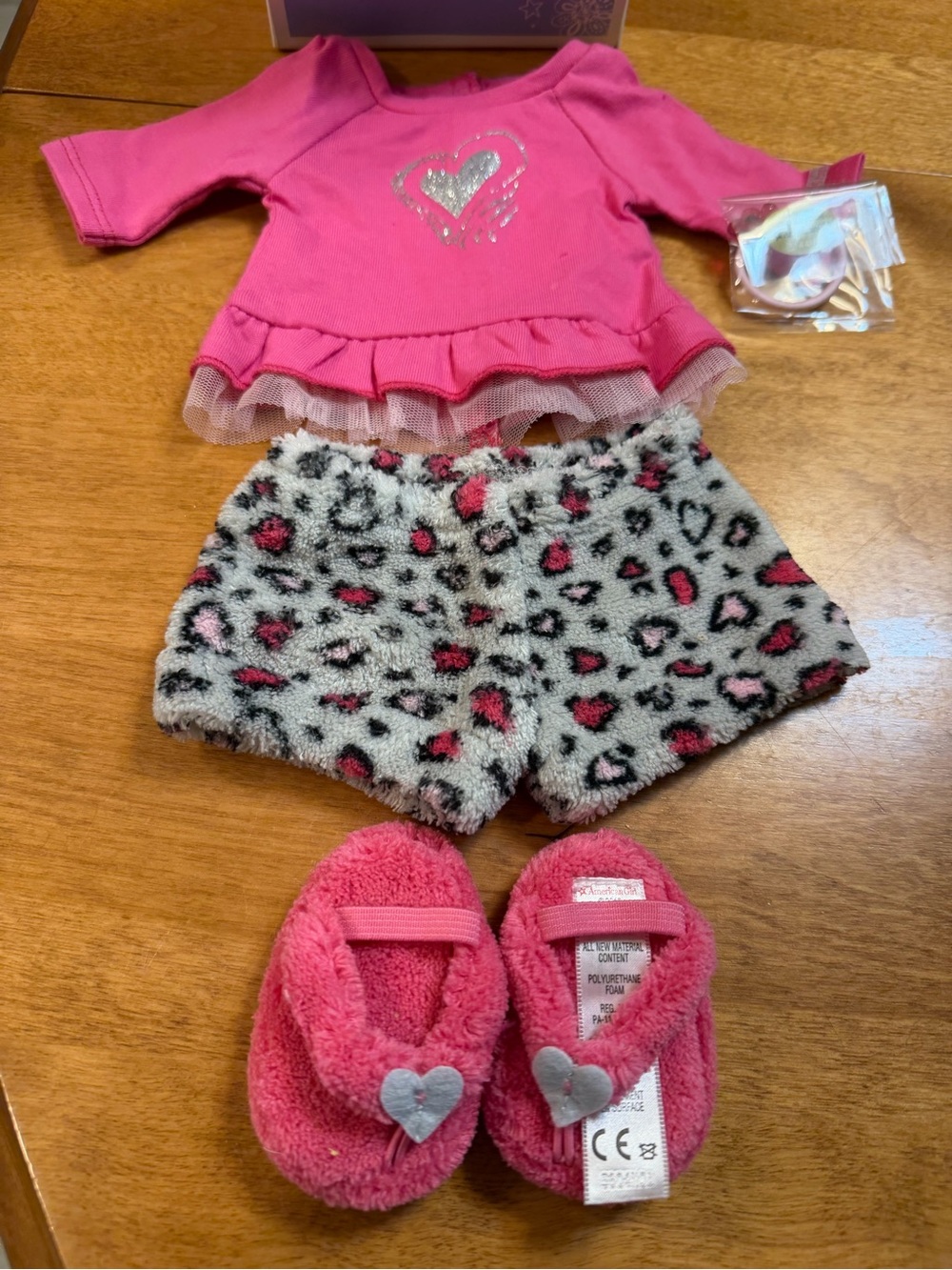 American Girl Tutu Top with Fuzzy Leopard Shorts & Matching Pink Slippers. NWWT